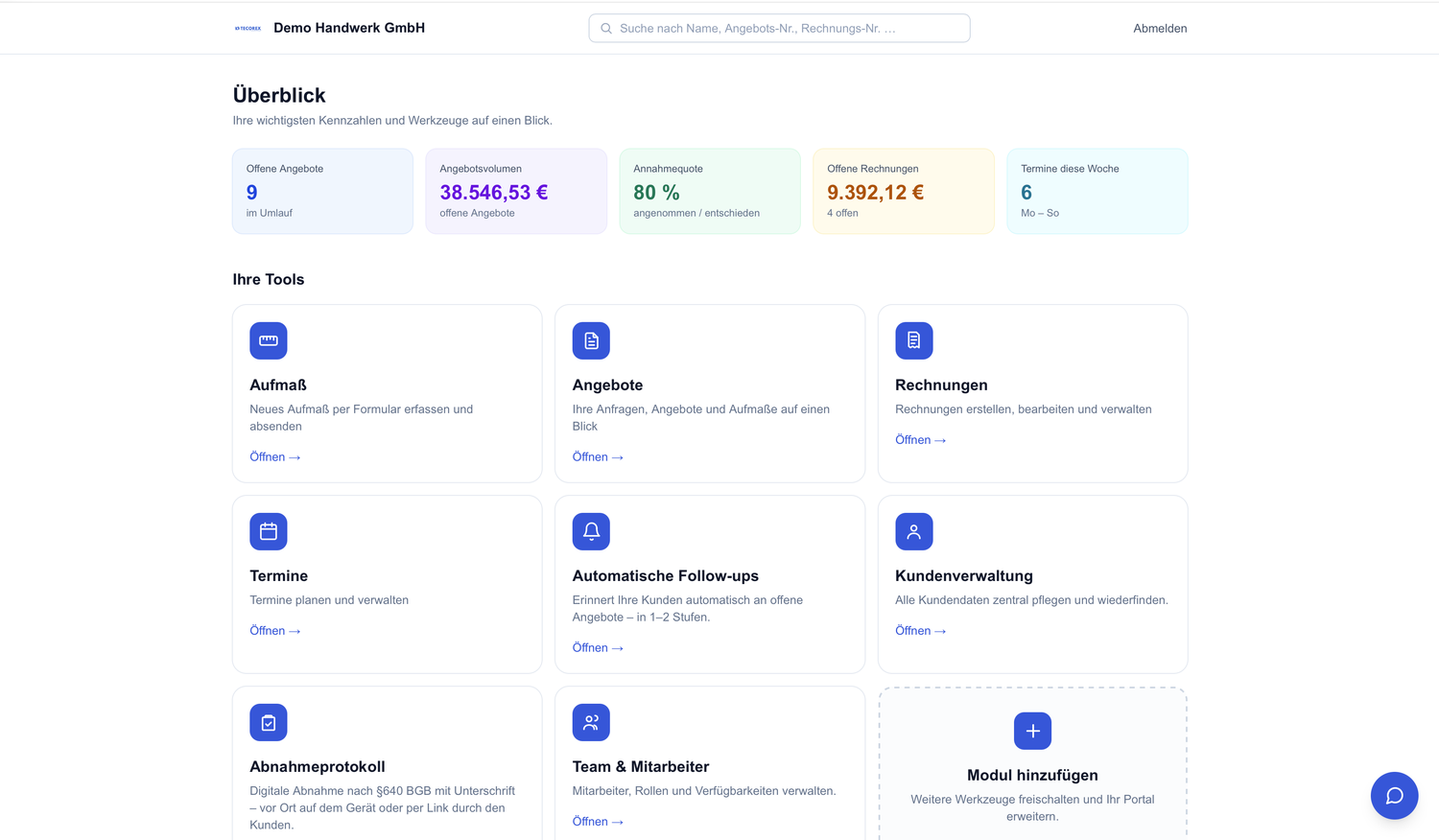 TECOREX Portal – Dashboard mit allen Modul-Kacheln